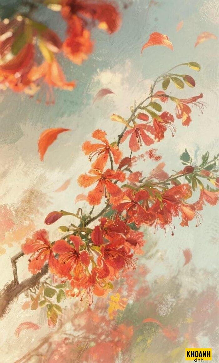 nhành phượng đỏ đọng sương