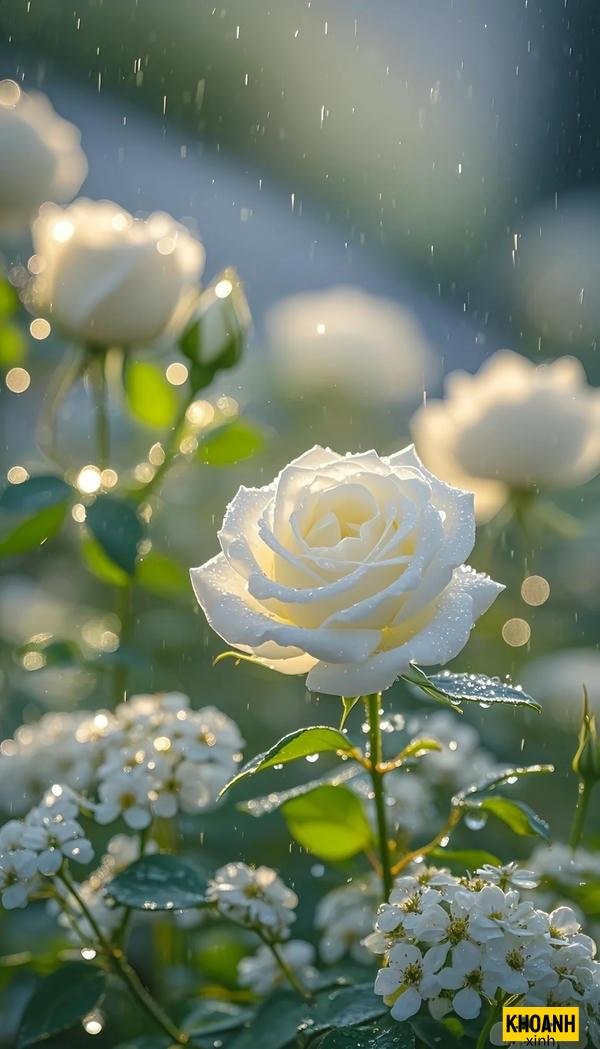 vườn hoa hồng trắng nở